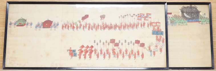 Chinese School, Figural processions, pair of watercolours on silk, 26 x 64cm